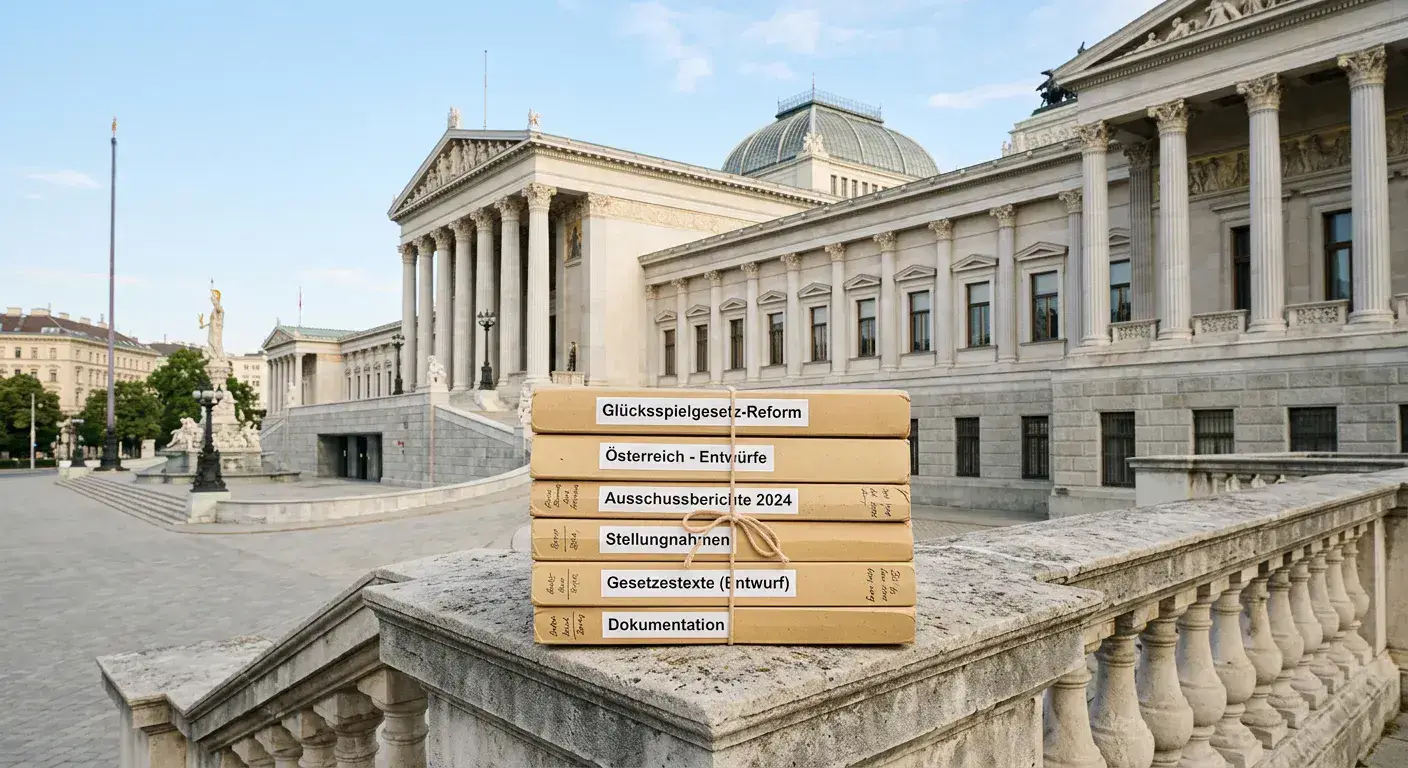 Parlamentsgebäude in Wien mit Aktenordnern im Vordergrund, ruhiges Tageslicht