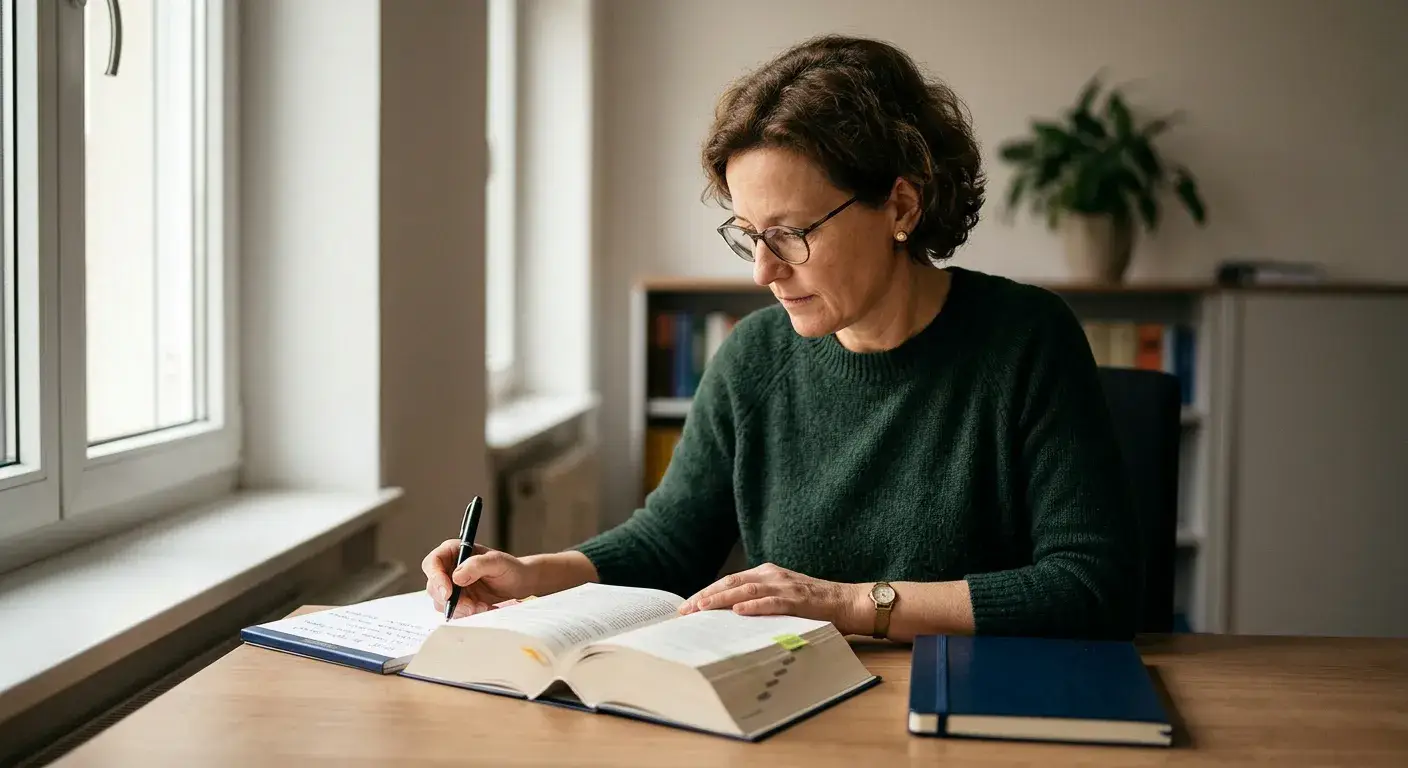 Person am Schreibtisch mit Notizbuch und Stift beim Lesen eines Gesetzestextes