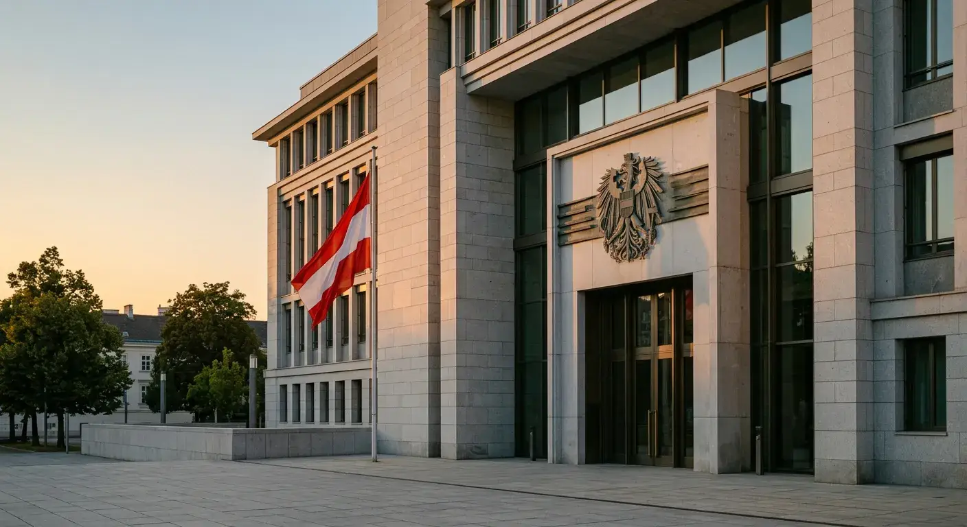Modernes Regierungsgebäude mit österreichischer Flagge im Vordergrund, sanftes Abendlicht, keine Personen erkennbar