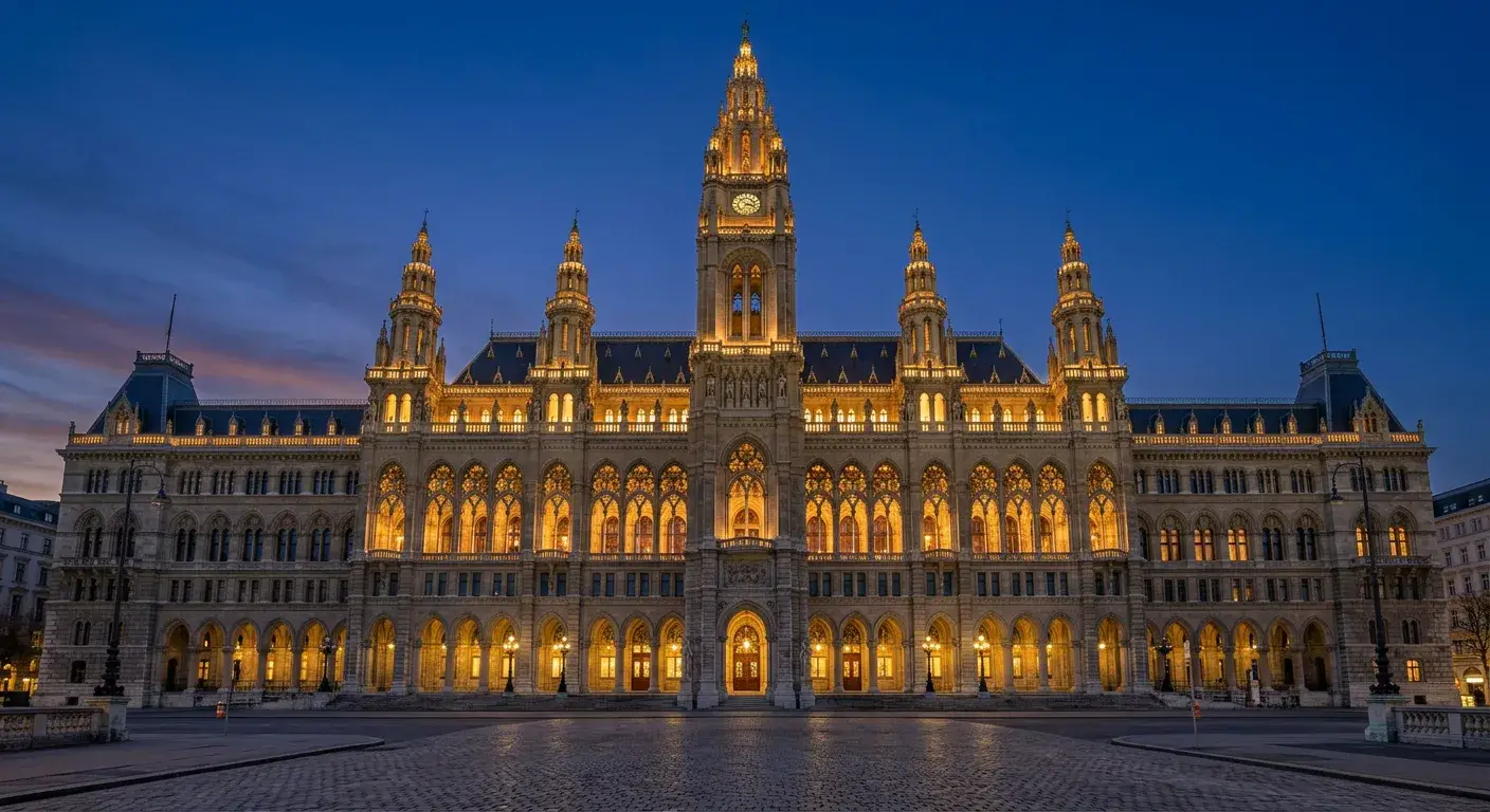 Wiener Rathaus bei Dämmerung, sanfte Beleuchtung der Fassade, klarer Himmel im Hintergrund
