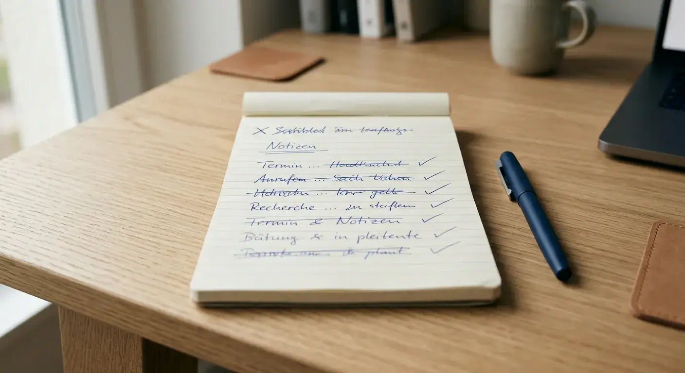 Notizzettel mit durchgestrichenen Fehlannahmen und Häkchen zu Freispielen ohne Einzahlung