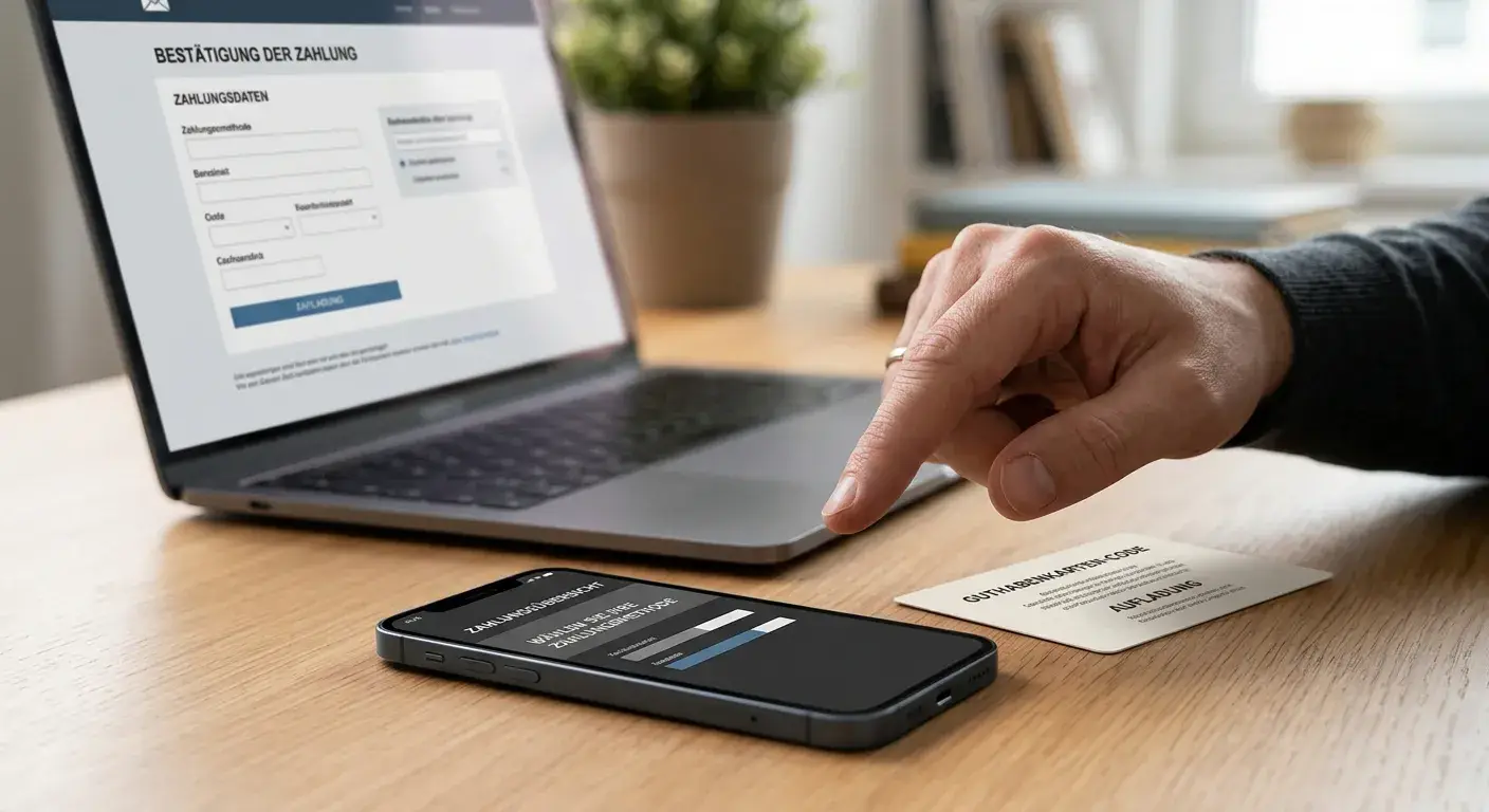 Smartphone mit neutraler Zahlungsansicht neben einem Prepaid-Hinweis