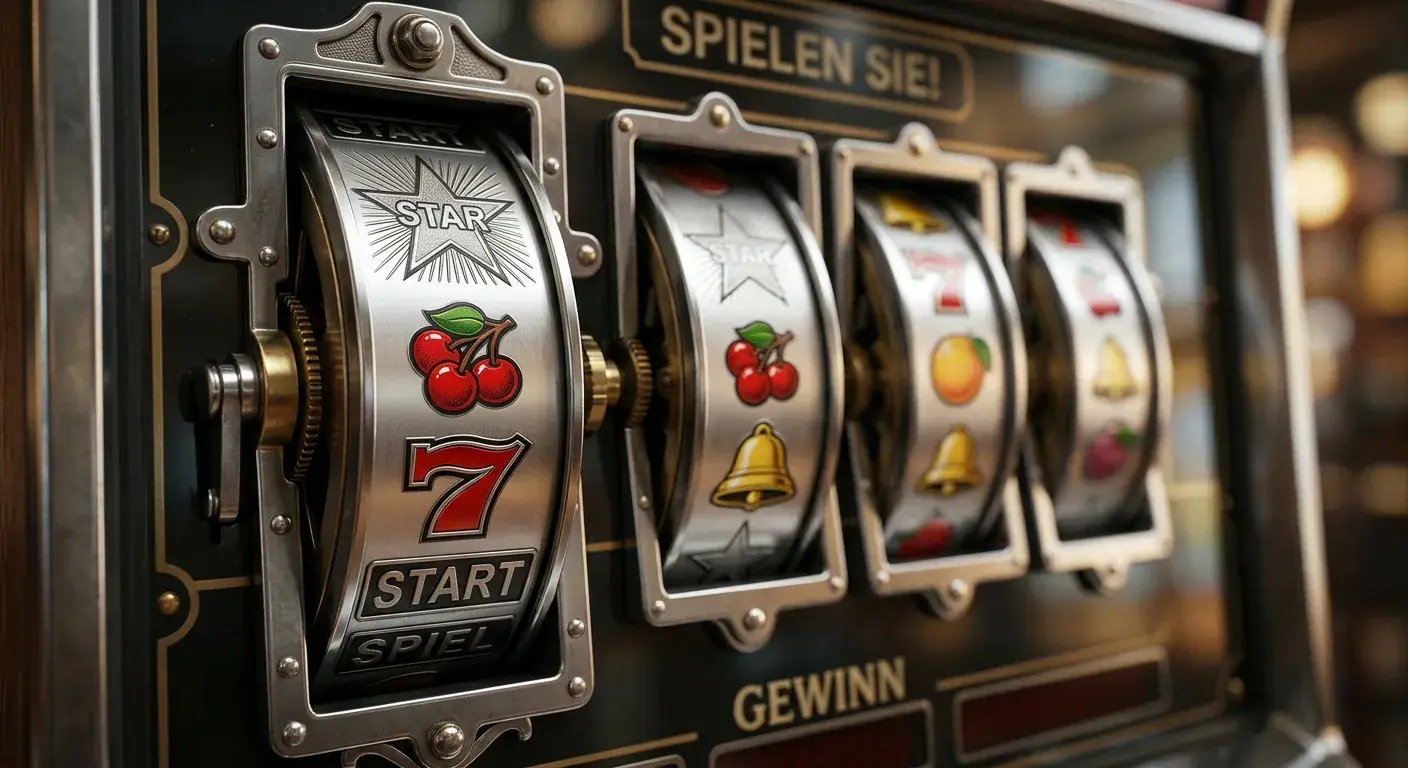 Klassische Spielautomat-Walzen mit Stern- und Frucht-Symbolen in Nahaufnahme
