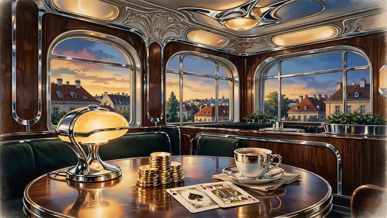 Gemütliches Wiener Kaffeehaus-Interieur mit Spielchips und Karten auf einem Holztisch