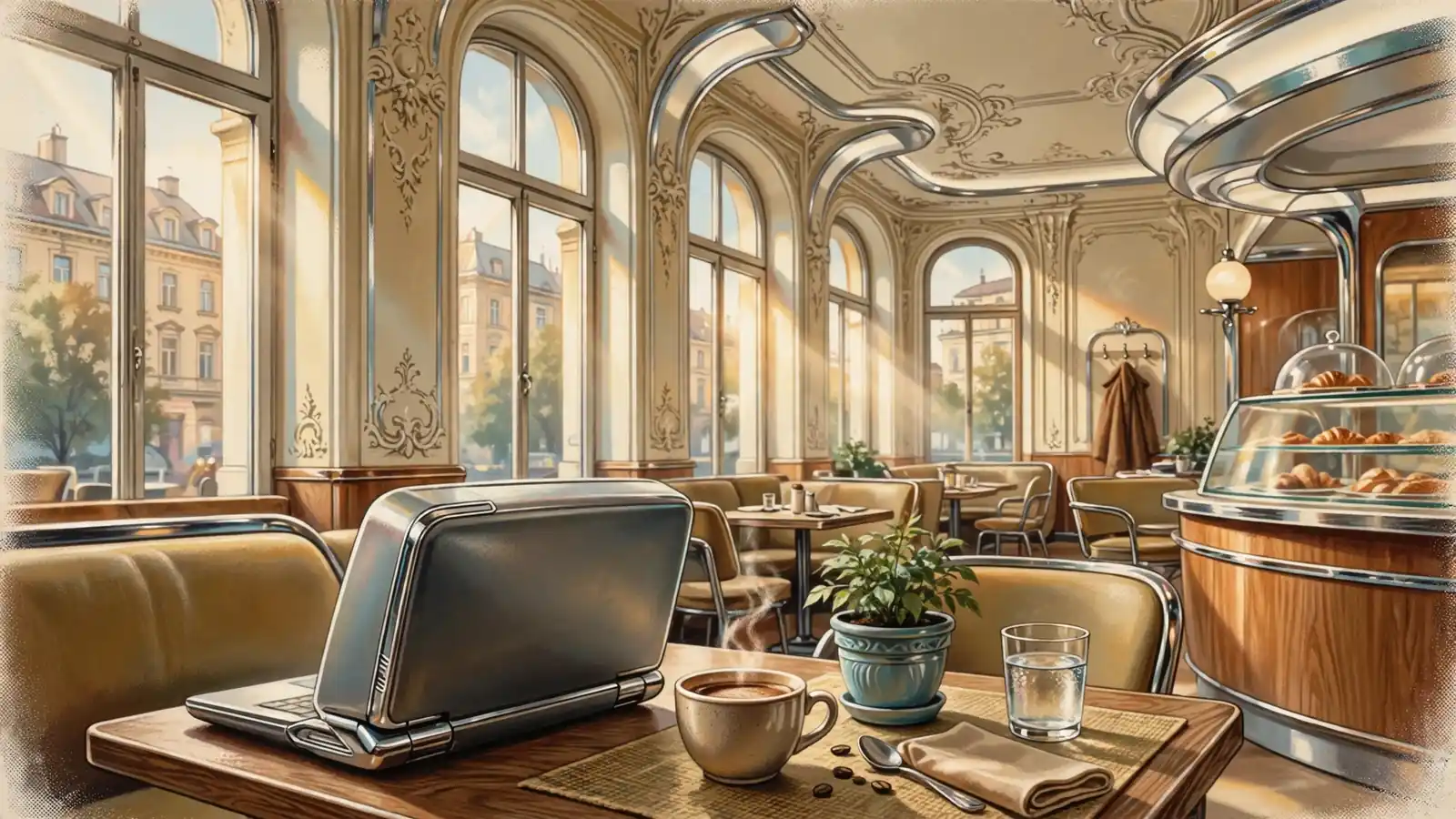 Wiener Kaffeehaus mit Laptop auf einem Holztisch bei Tageslicht.