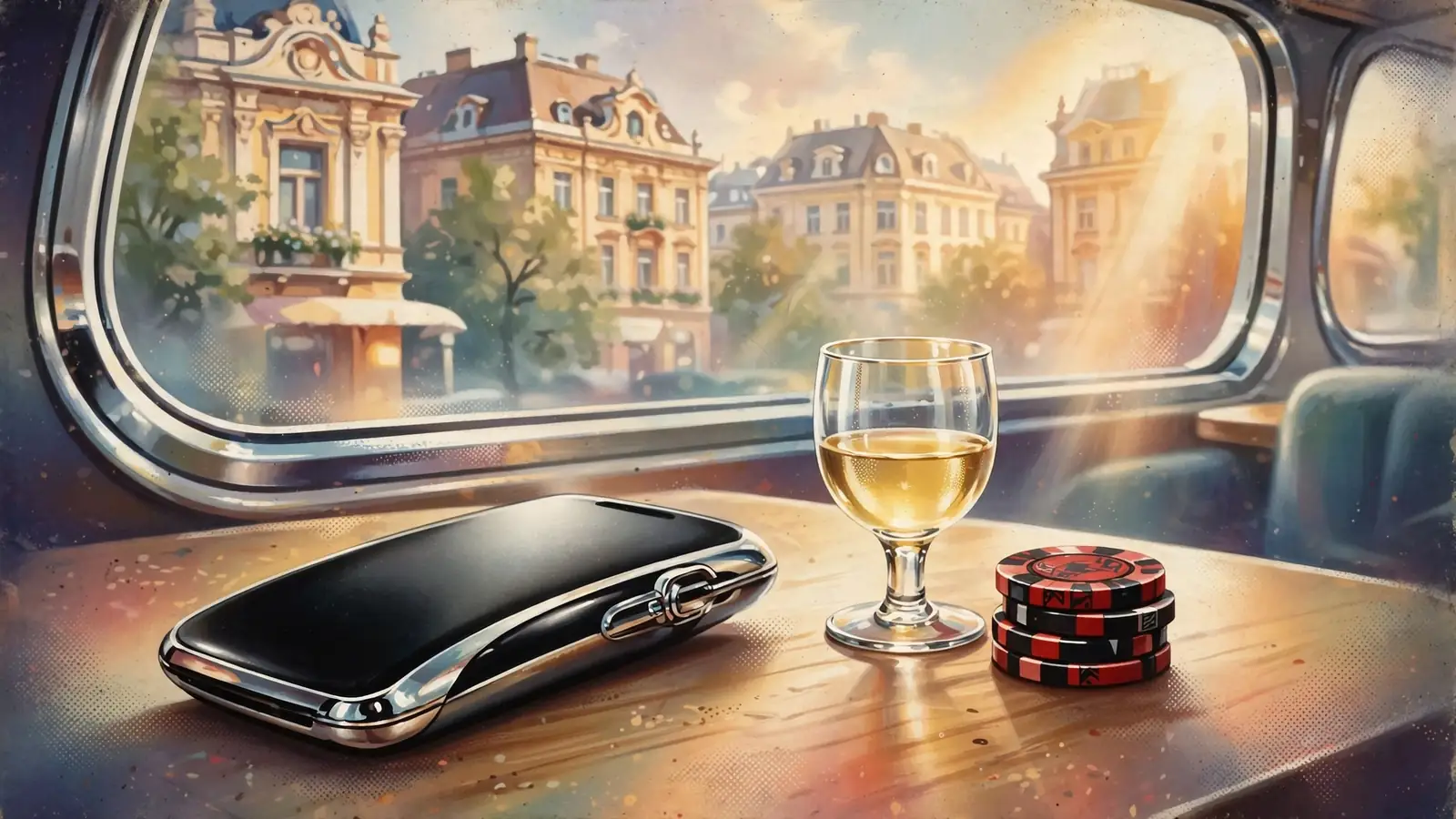 Smartphone mit Casino-Chips auf Wiener Kaffeetisch