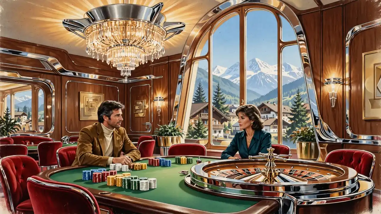 Elegantes österreichisches Casino-Interieur mit Spieltisch, Jetons und Alpenblick