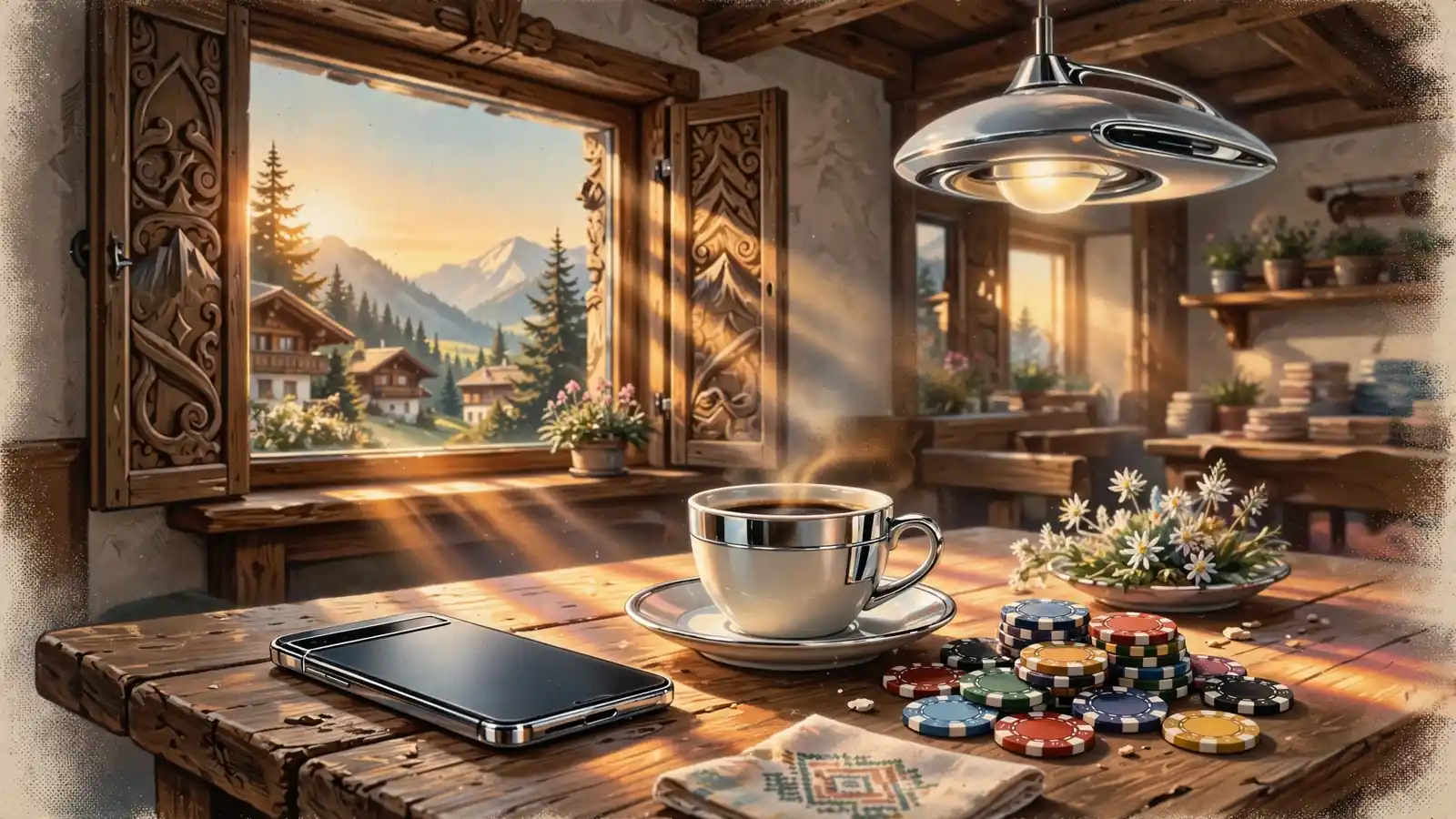 Café-Tisch mit Smartphone, Kaffee und Casino-Chips in alpiner Atmosphäre