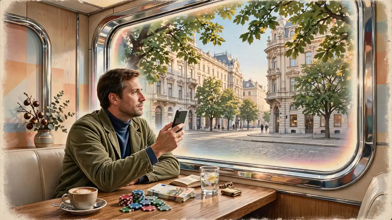 Person in Wiener Café mit Smartphone, Casino-Chips und Euro-Banknoten auf dem Tisch
