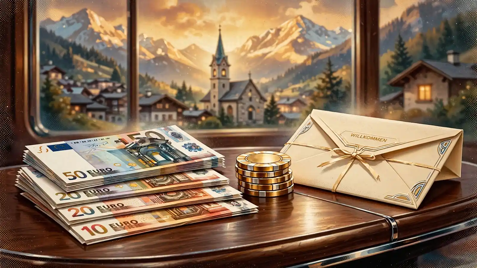 Euro-Banknoten und Casino-Chips auf Holztisch vor österreichischem Bergdorf-Fenster