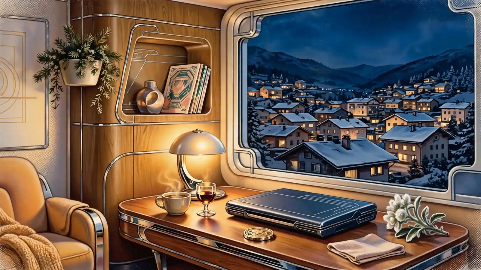 Abendlicher österreichischer Wohnraum mit Laptop, Kaffeetasse und Alpenblick.