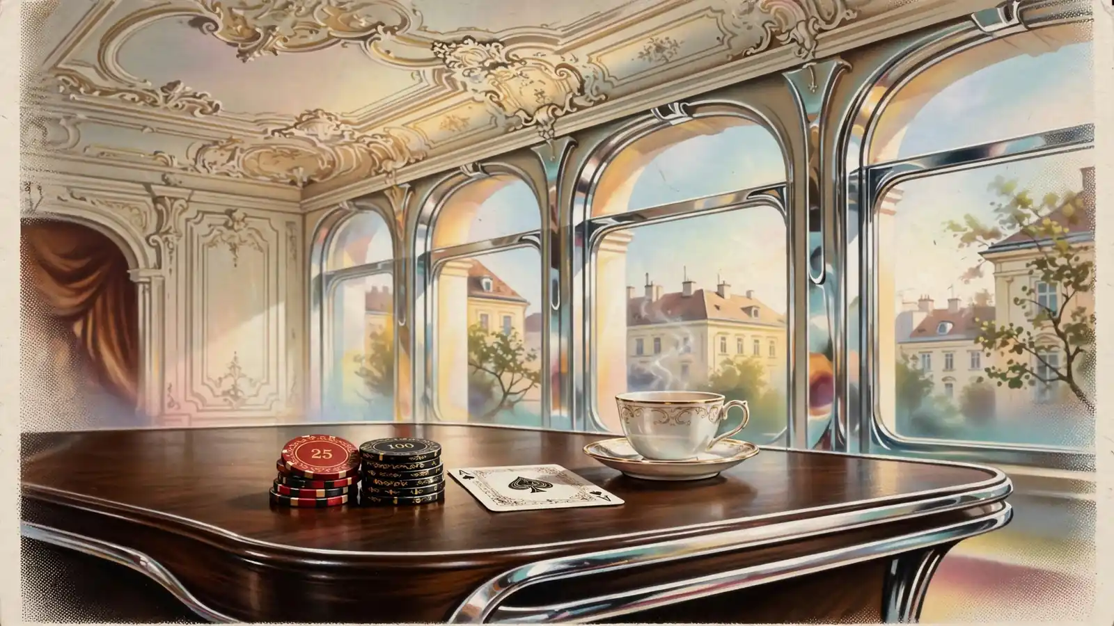 Casino-Chips und Spielkarte auf einem Holztisch in einem Wiener Salon mit Stuckdecke