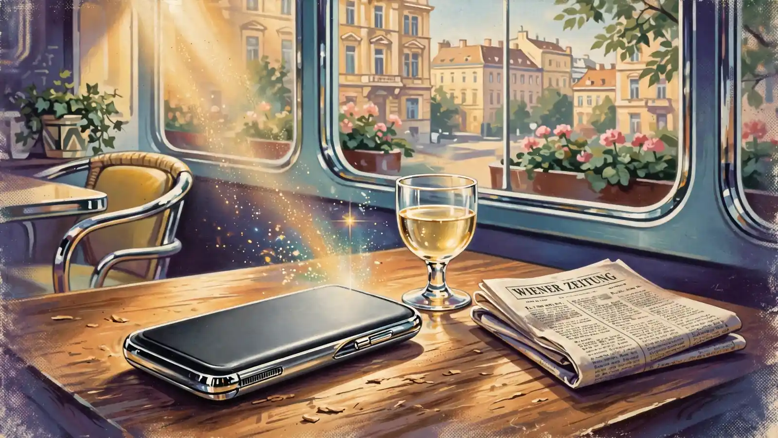Smartphone auf einem Wiener Kaffeetisch neben einem Glas Wein und Zeitungsblatt
