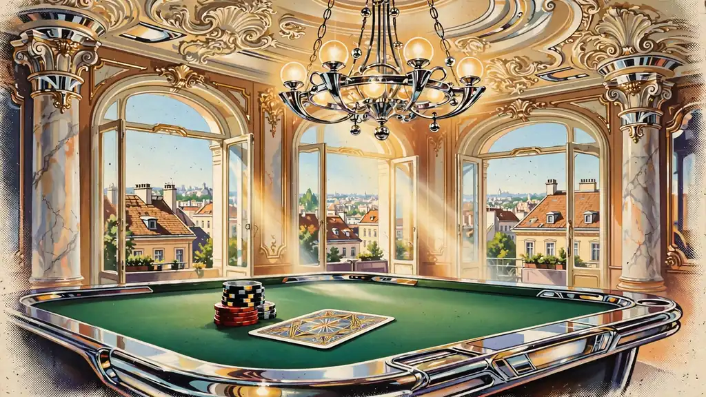 Wiener Casino-Lounge mit Spielchips und umgedrehter Karte auf grünem Filztisch bei warmem Licht