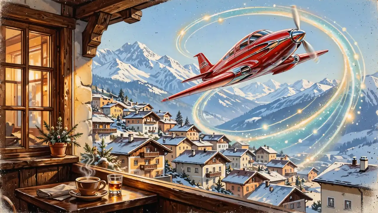 Aufsteigendes Propellerflugzeug über österreichischer Stadt mit Alpenblick