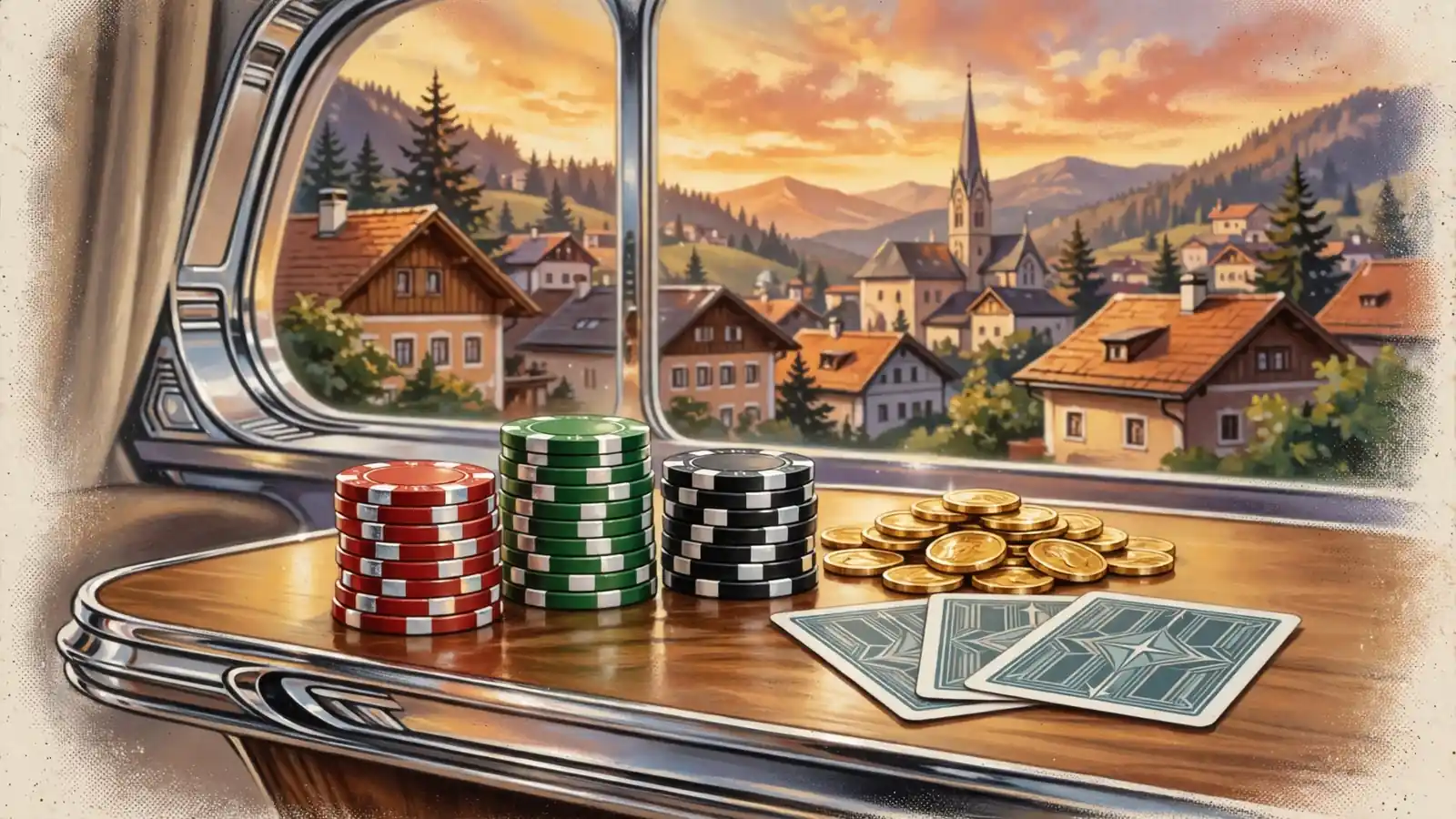 Casino-Chips, Spielkarten und Münzen auf Holztisch mit Blick auf österreichische Dächer