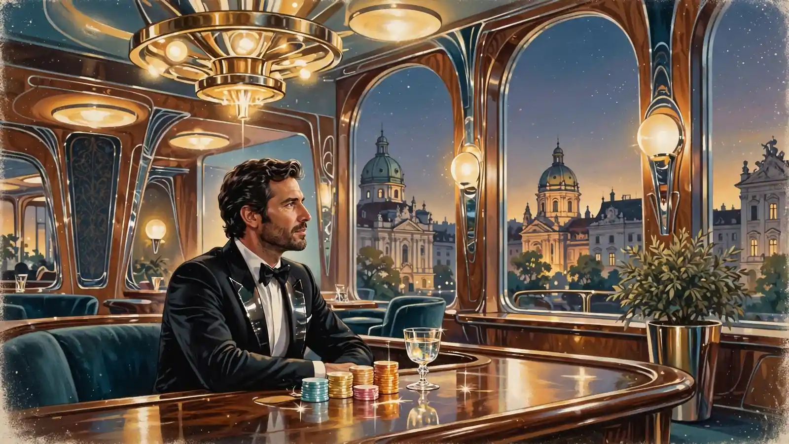 Elegante Abendstimmung in einer Wiener Casino-Lounge mit Spielchips und barocker Architektur im Hintergrund.