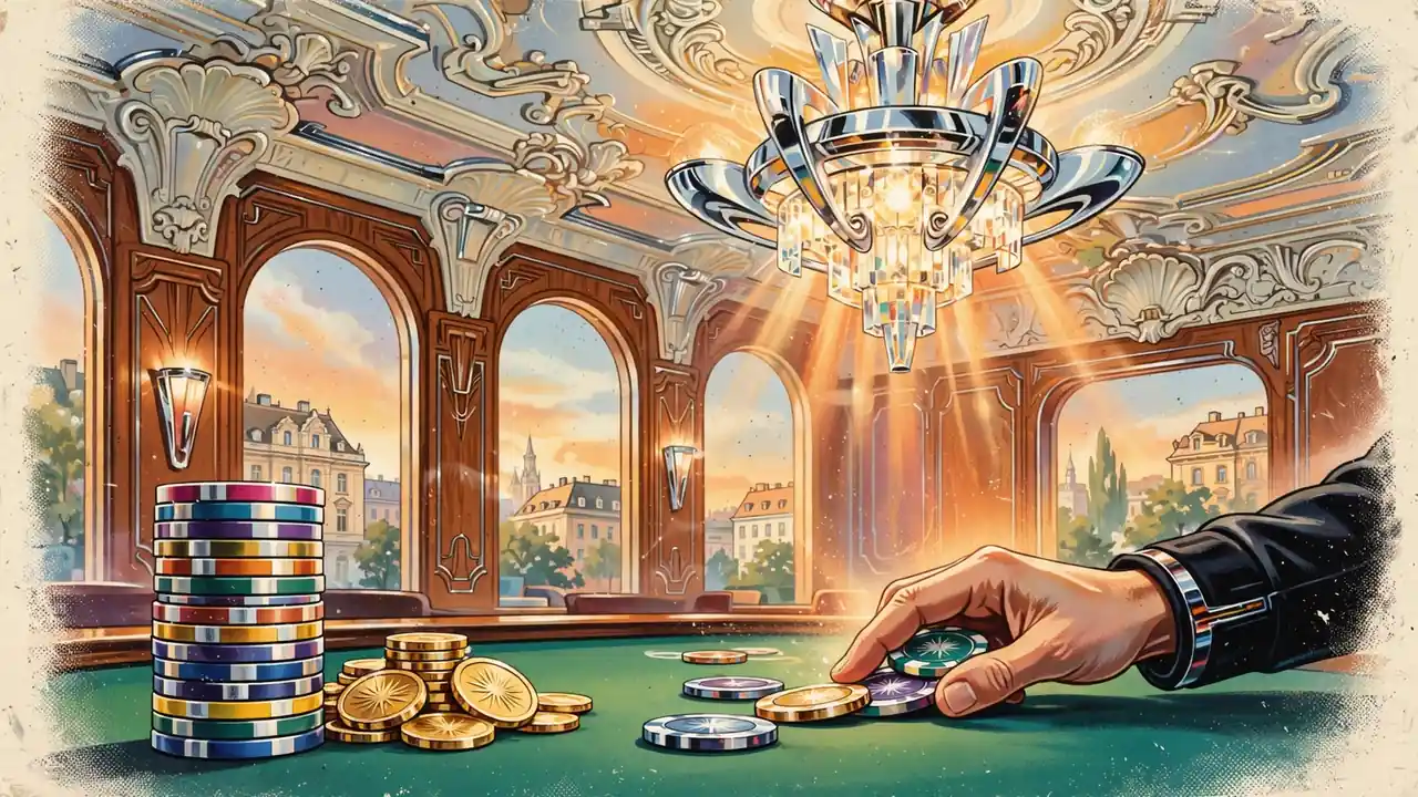 Wiener Casino-Lounge mit Spielchips und Goldmünzen auf grünem Filztisch