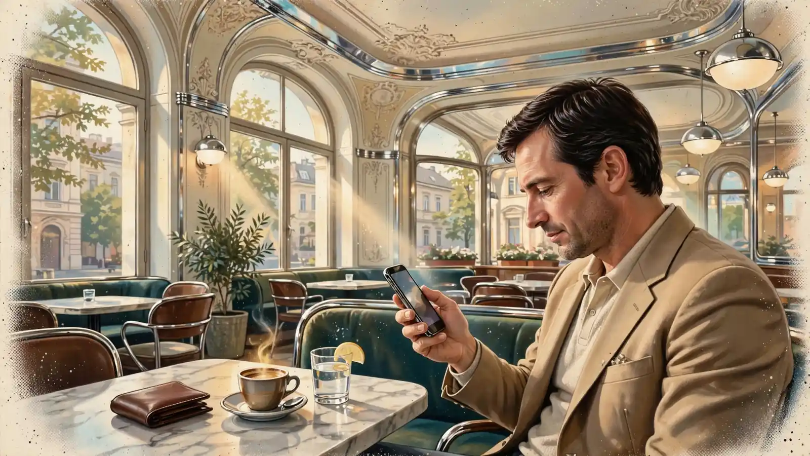 Person mit Smartphone in Wiener Kaffeehaus, Geldbeutel auf dem Tisch