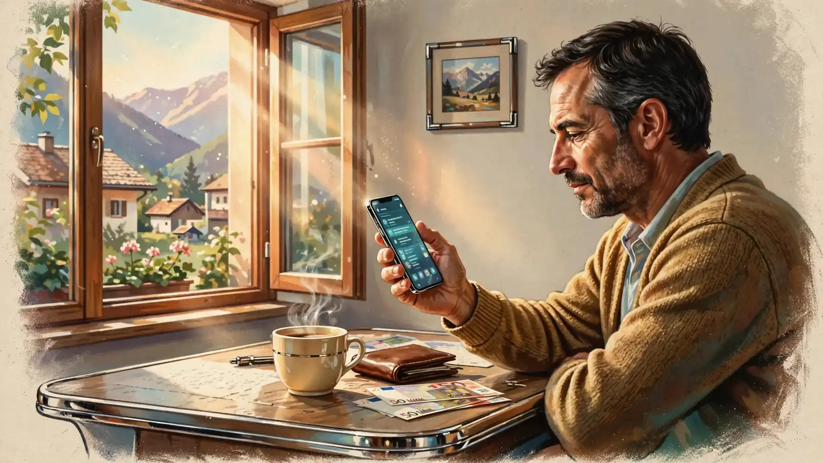 Mann mit Smartphone und Geldbörse am Schreibtisch zu Hause in Österreich.