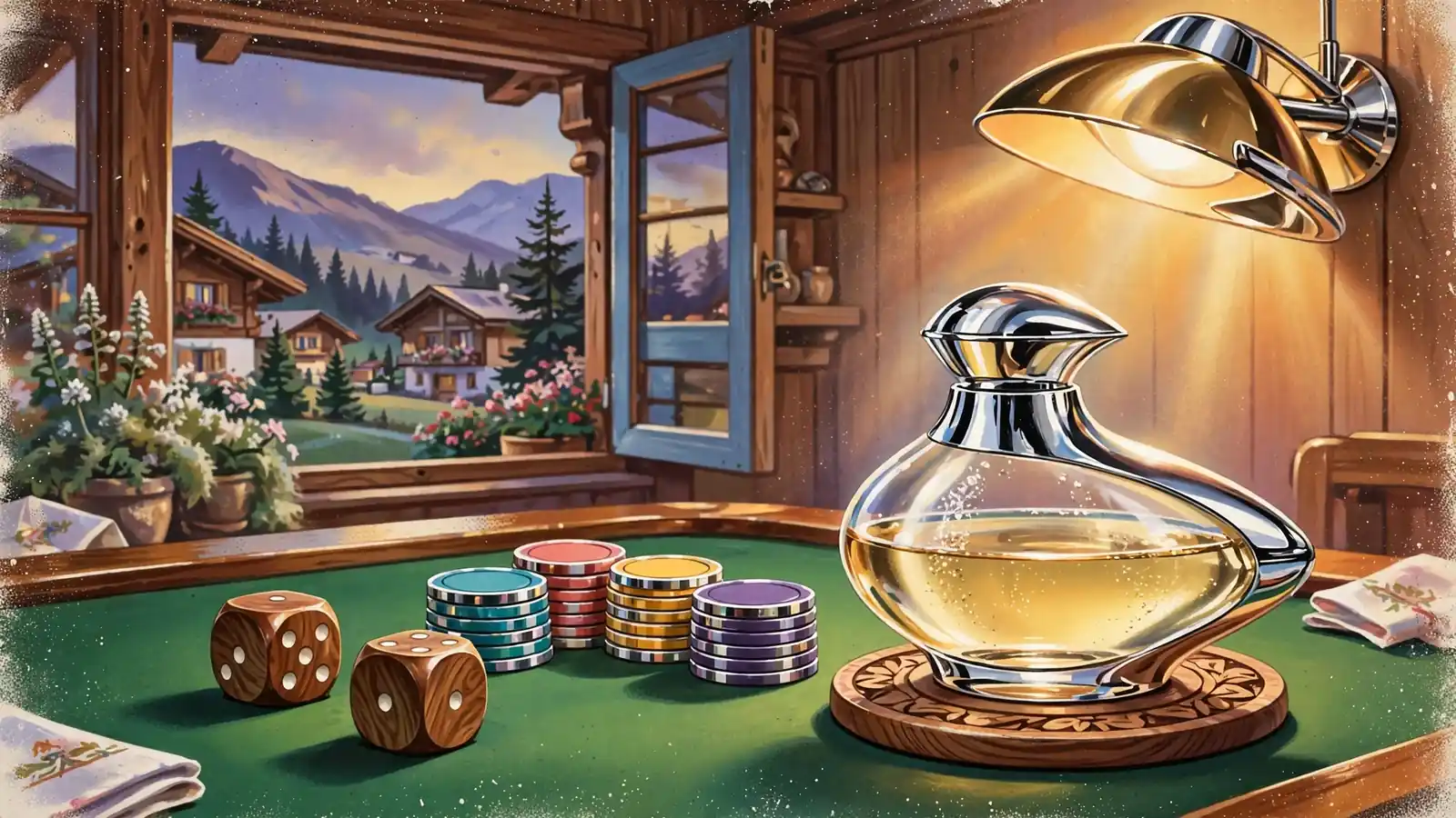 Zwei Würfel auf grünem Filztisch mit Spielchips und Weinkaraffe