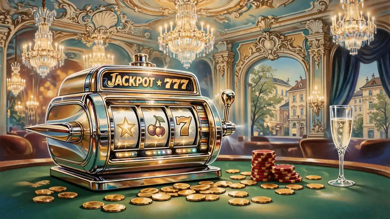 Klassischer Spielautomat mit goldenen Münzen in einem eleganten Wiener Casino mit Kronleuchtern