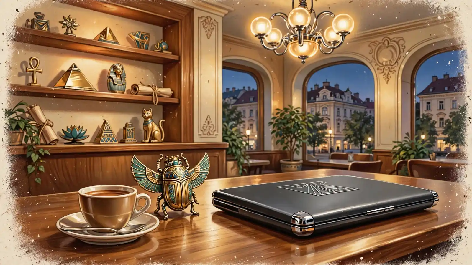 Wiener Café-Abend mit Espresso, Skarabäus-Figur und geschlossenem Laptop
