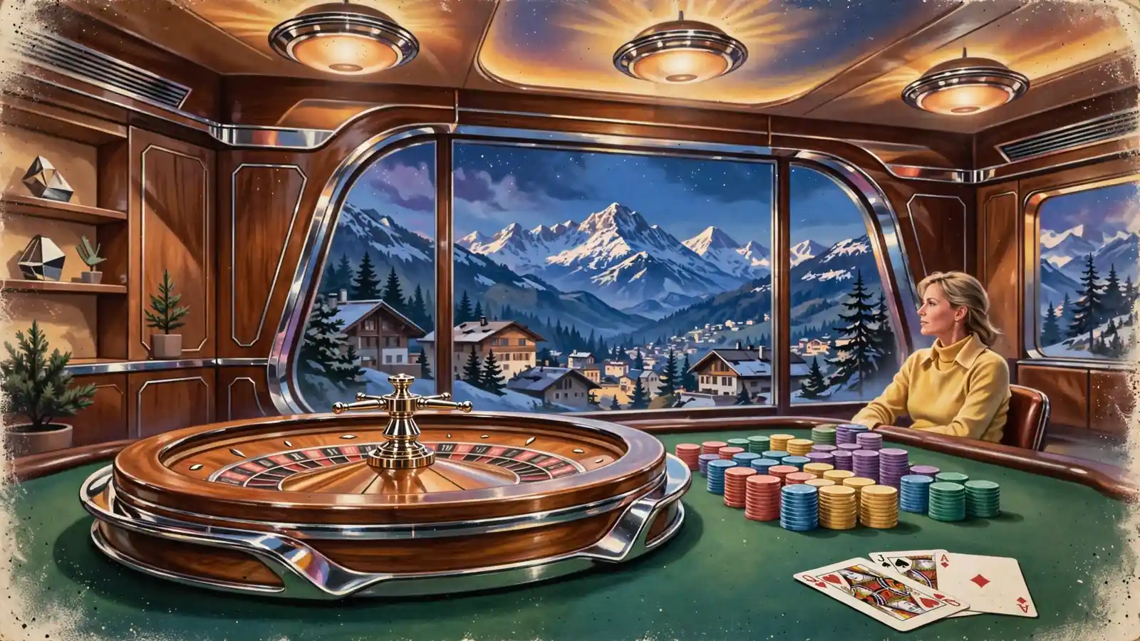 Elegantes Live-Dealer-Casino-Studio in Österreich mit Roulette-Tisch und Alpenblick