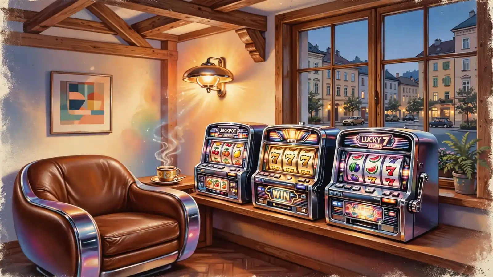 Abendliche Wohnzimmerszene in Österreich mit Retro-Spielautomaten und warmem Licht.