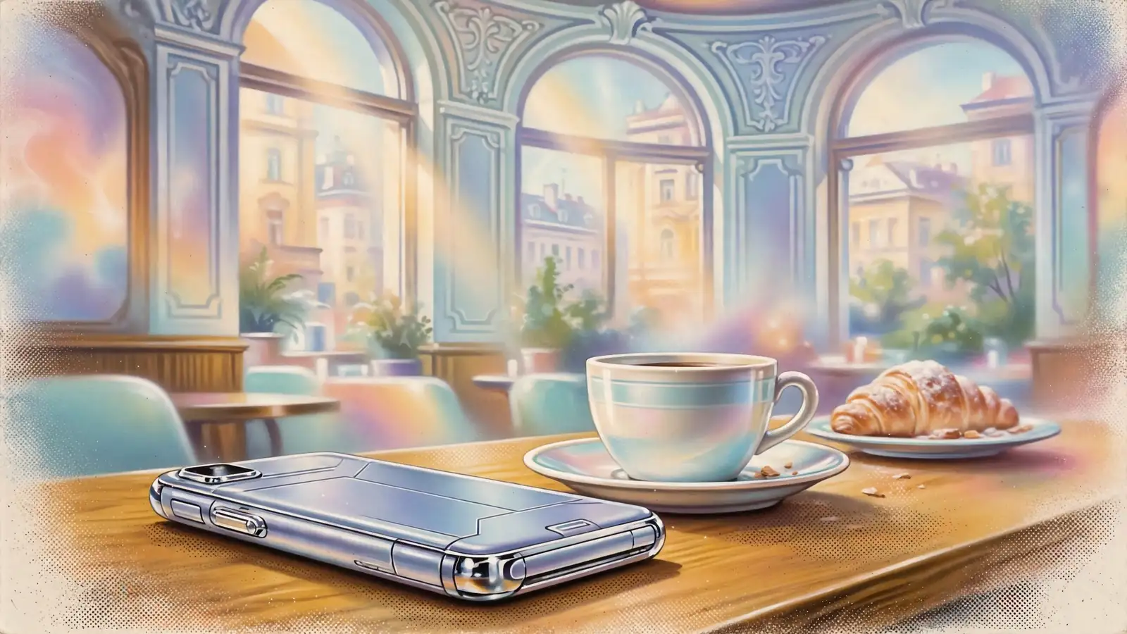 Smartphone auf einem Wiener Kaffeetisch neben einer Tasse Kaffee und Gebäck.