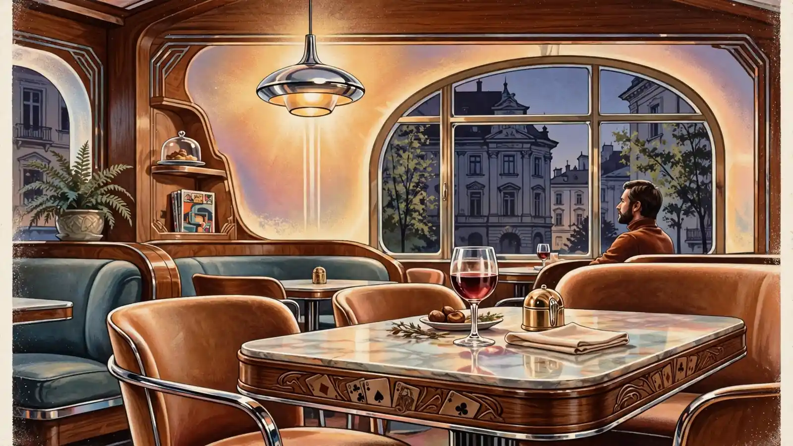 Eleganter Wiener Kaffeestuben-Interieur mit warmem Licht und Spielkarten-Detail