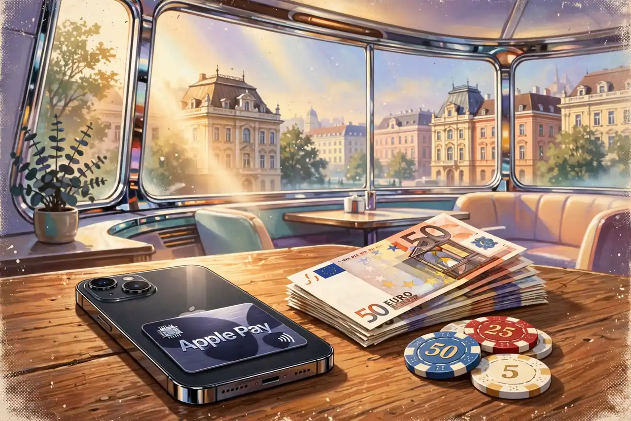 Smartphone mit Apple Pay auf Tisch im Wiener Café neben Euro-Scheinen und Casino-Chips.