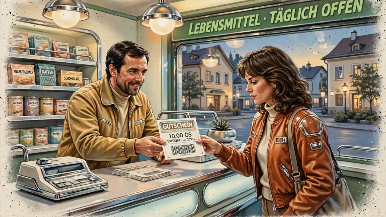 Person erhält einen Prepaid-Gutschein an einer österreichischen Trafik-Kasse.