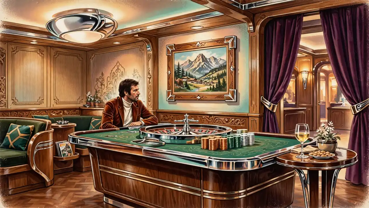 Casino-Lounge im österreichischen Stil mit Roulette-Tisch und Chips