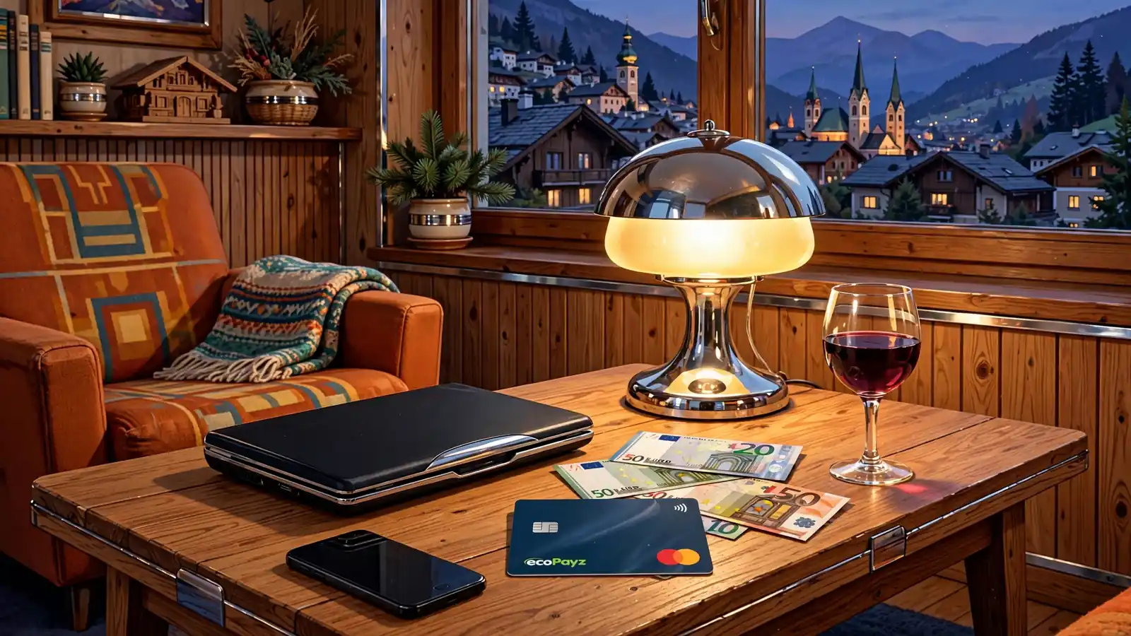 Abendliche Szene in einem österreichischen Wohnzimmer mit Laptop, Zahlungskarte und Euro-Scheinen.