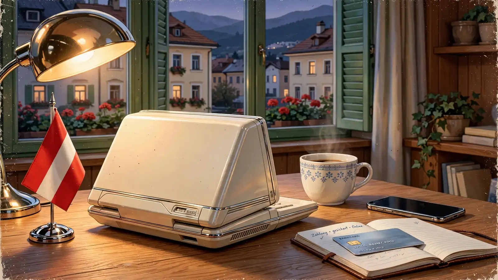 Abendliche Szene in einer österreichischen Wohnung mit Laptop, Bankkarte und Handy.