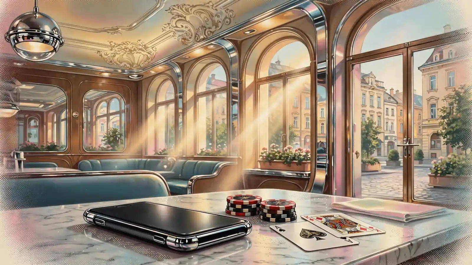 Smartphone mit Casino-Chips und Spielkarten auf einem Tisch in einem Wiener Kaffeehaus