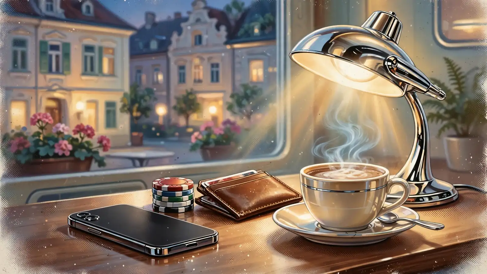 Smartphone, Casino-Chips und Kaffee auf einem Holztisch in einer Wiener Wohnung