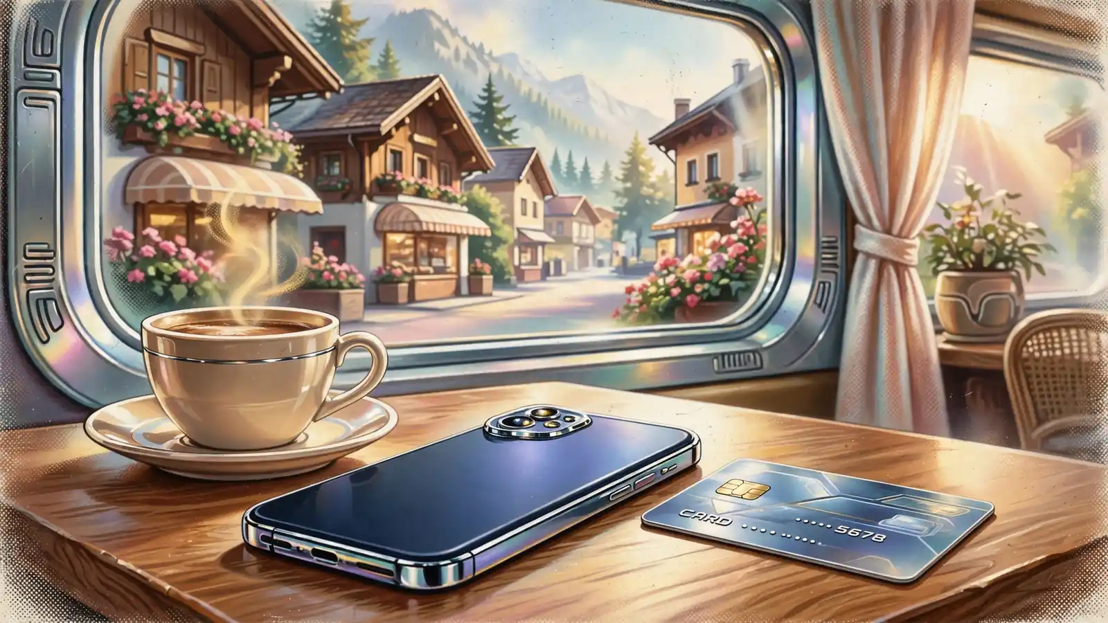 Smartphone und Bankkarte auf einem Tisch in einem österreichischen Café