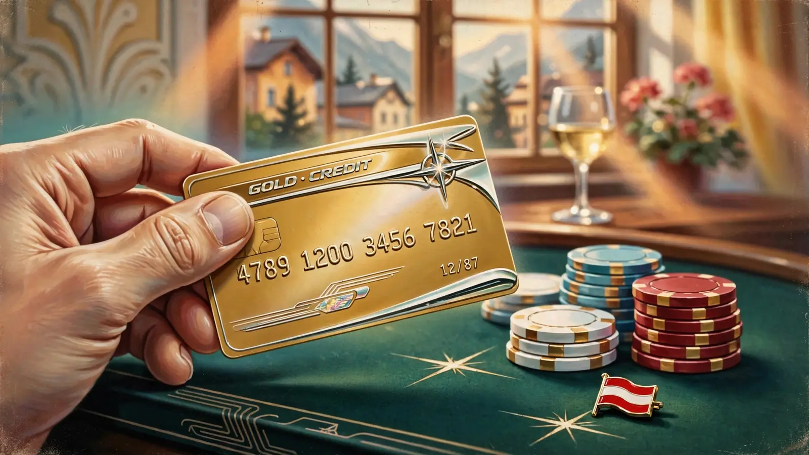 Goldene Kreditkarte über grünem Casinotisch mit Jetons, Wiener Interieur