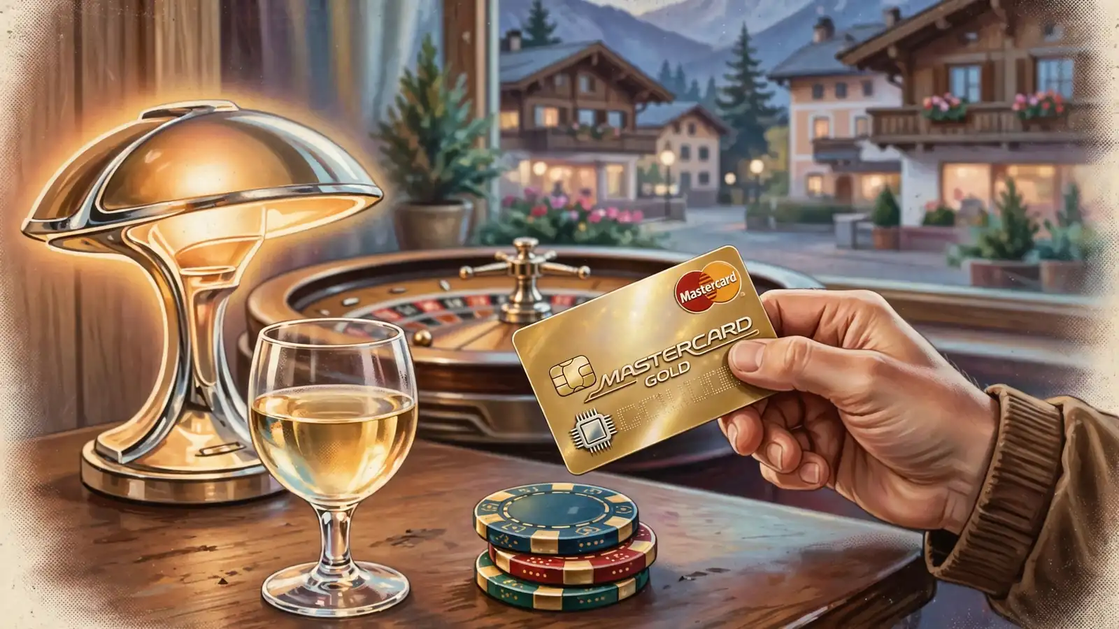 Hand mit Mastercard und Casino-Chips auf Holztisch in österreichischem Café