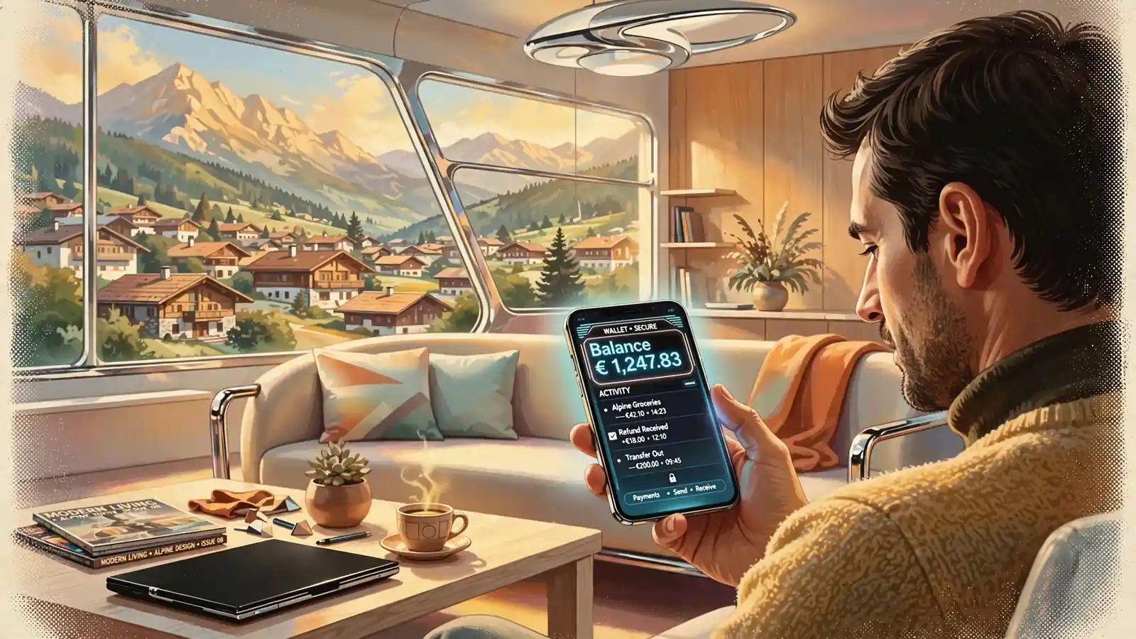 Person auf Sofa in österreichischer Wohnung mit Smartphone und Blick auf Alpen
