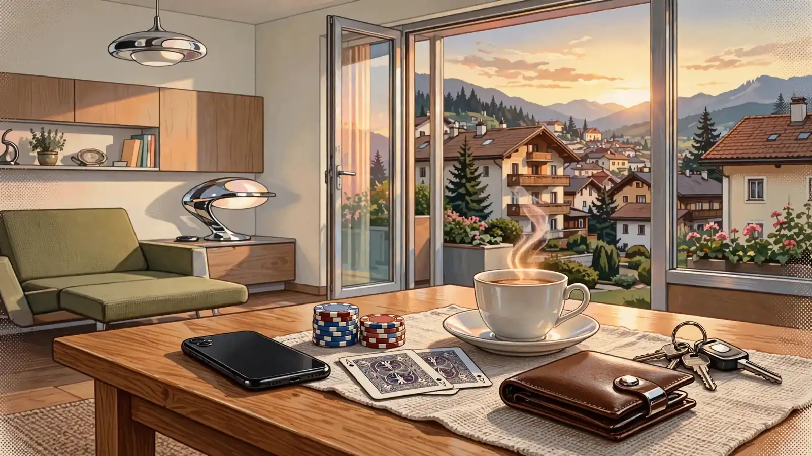 Smartphone und Pokerchips auf einem Holztisch in einer modernen österreichischen Wohnung mit warmem Abendlicht.