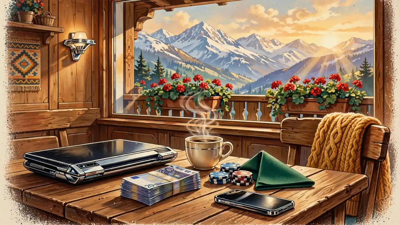 Holztisch in einem österreichischen Bergcafé mit Laptop, Euro-Scheinen, Kaffeetasse und Spielchips, Alpenblick durch das Fenster.
