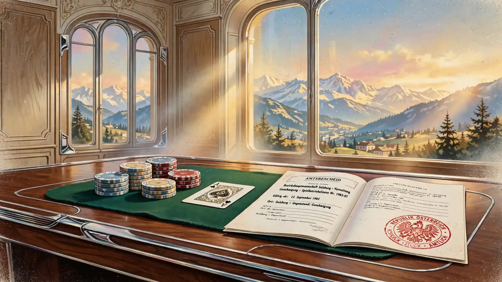 Casino-Chips und Spielkarte neben einem offiziellen Dokument mit rot-weiß-rotem Siegel, Alpenblick durch hohe Fenster.