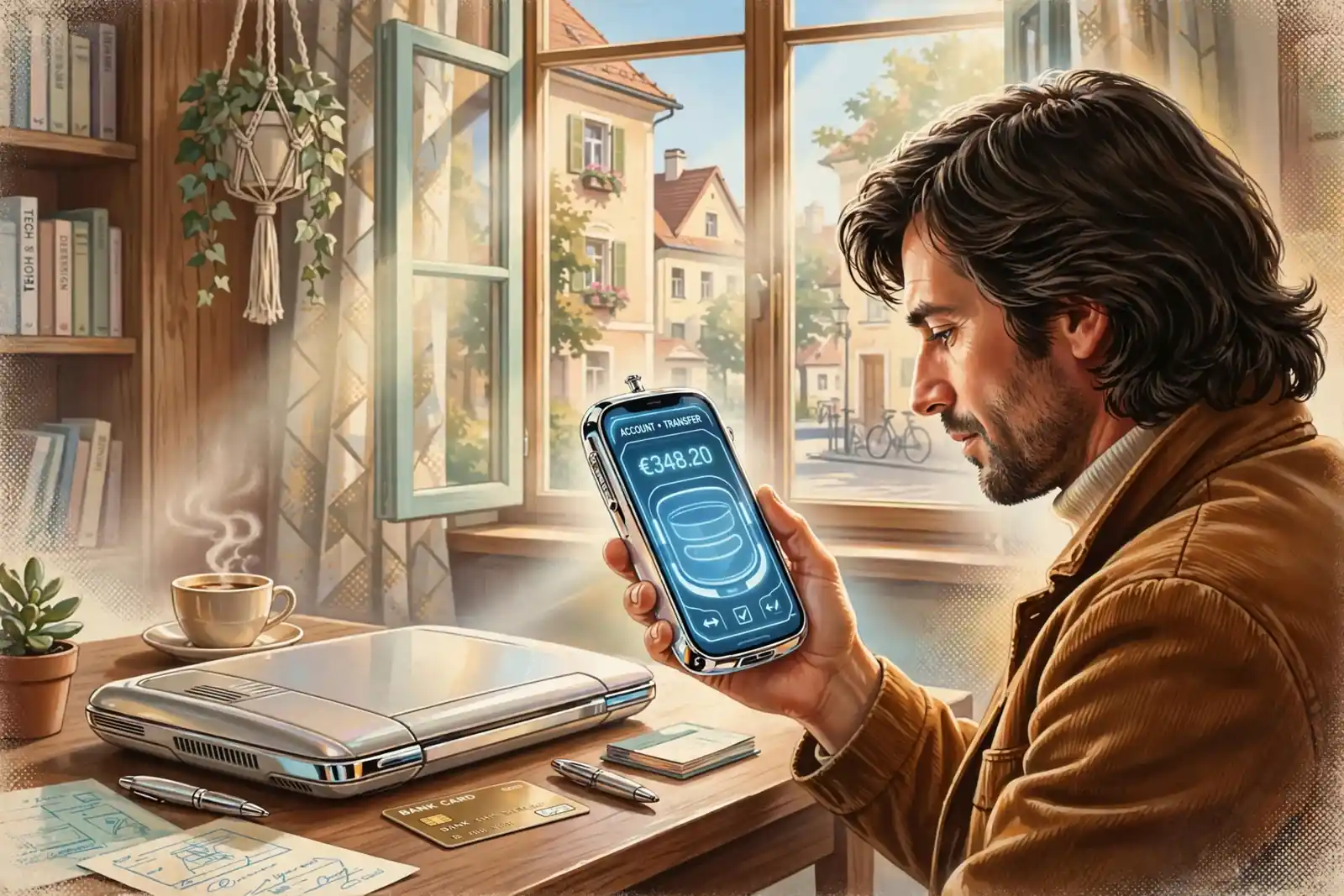 Spieler am Tisch mit Smartphone, Laptop und Bankkarte in einer österreichischen Wohnung.