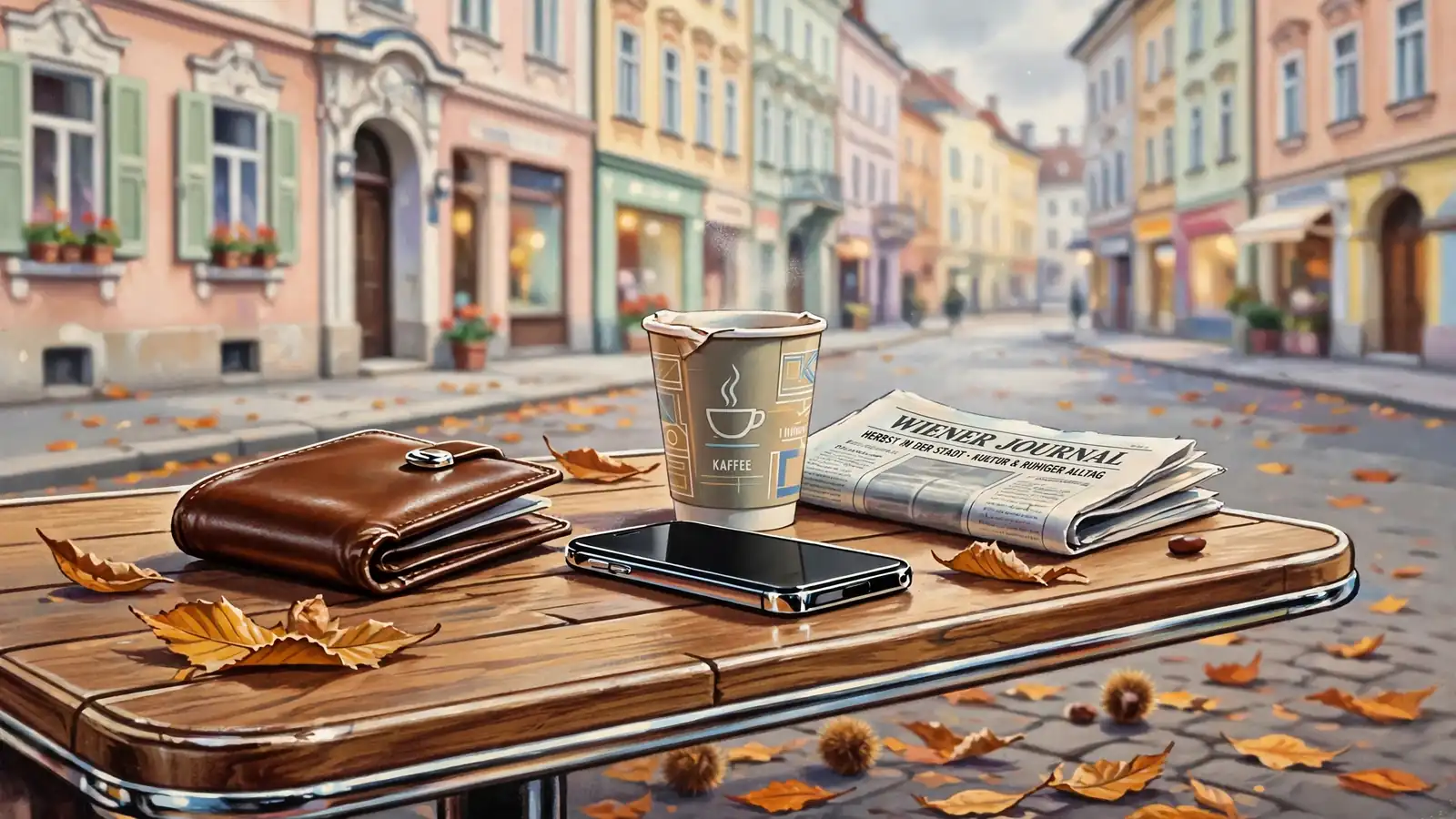Geldbörse und Smartphone auf einem Wiener Kaffeetisch im Herbst