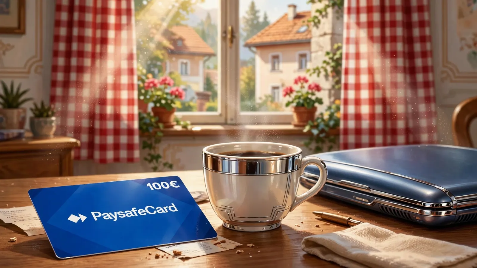 Paysafecard-Gutschein auf einem Schreibtisch neben Laptop und Kaffeetasse.