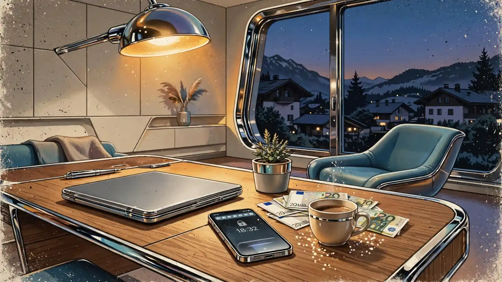 Abendlicher Schreibtisch mit Laptop, Smartphone und Euro-Scheinen in österreichischer Wohnung