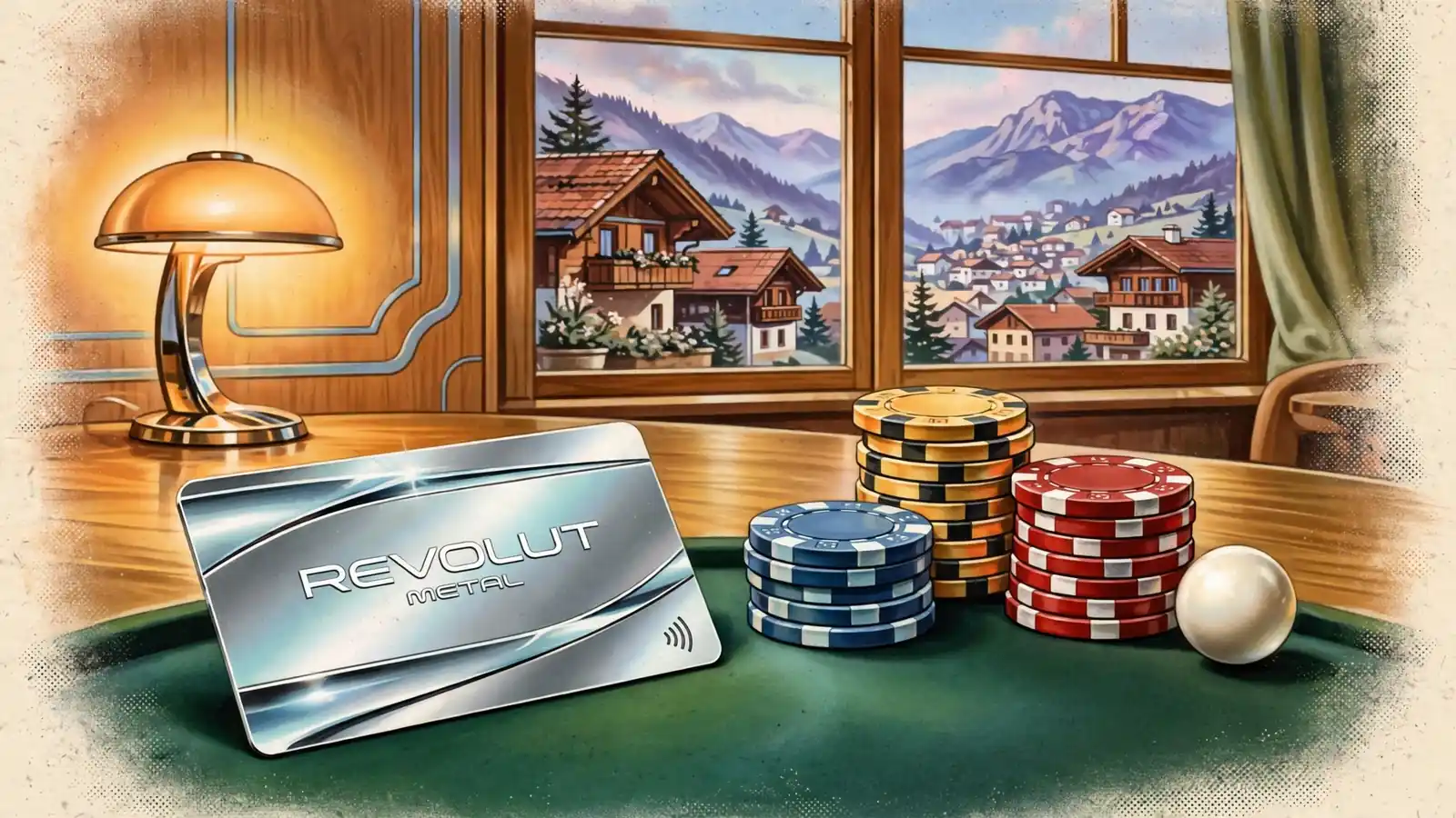 Revolut-Karte auf Casinotisch mit Chips und Roulettekugel
